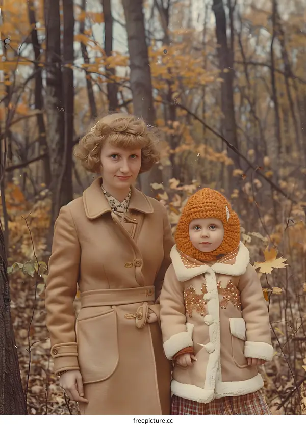 Mother and Daughter in Autumn Forest