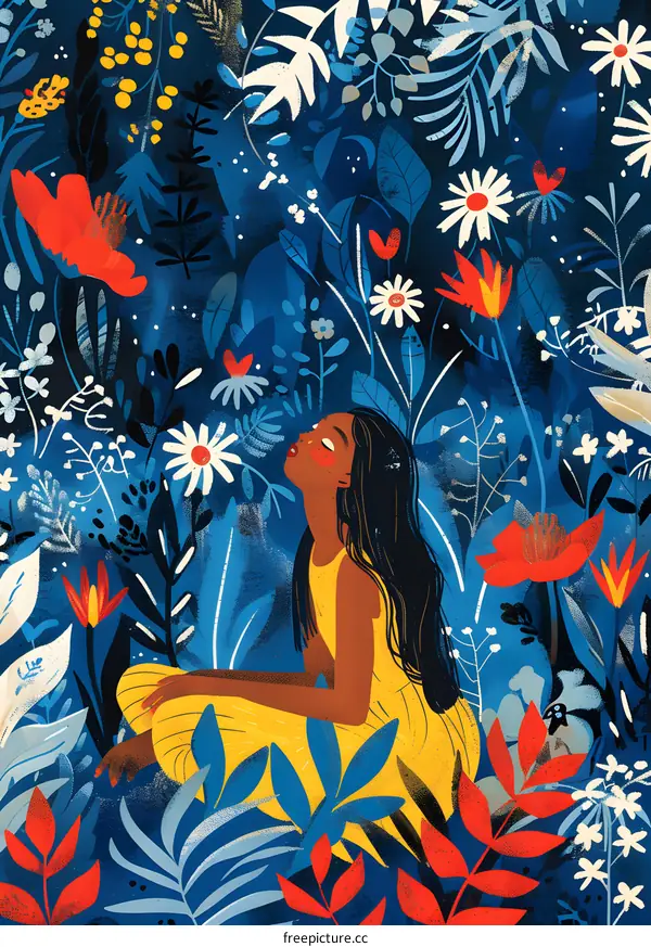 Woman Sitting in a Field of Flowers Illustration