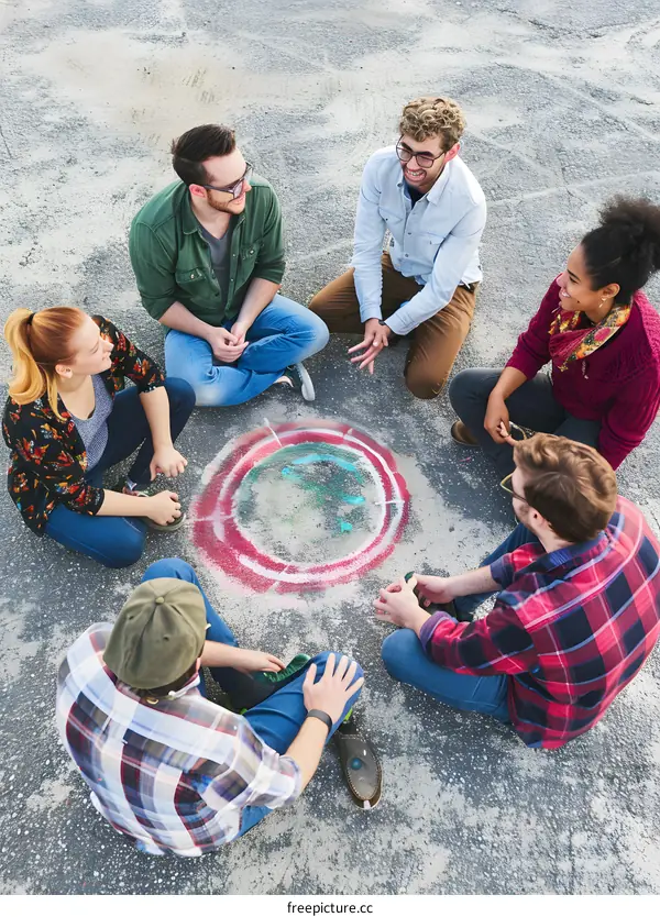 Group of Friends Sitting in Circle on Pavement