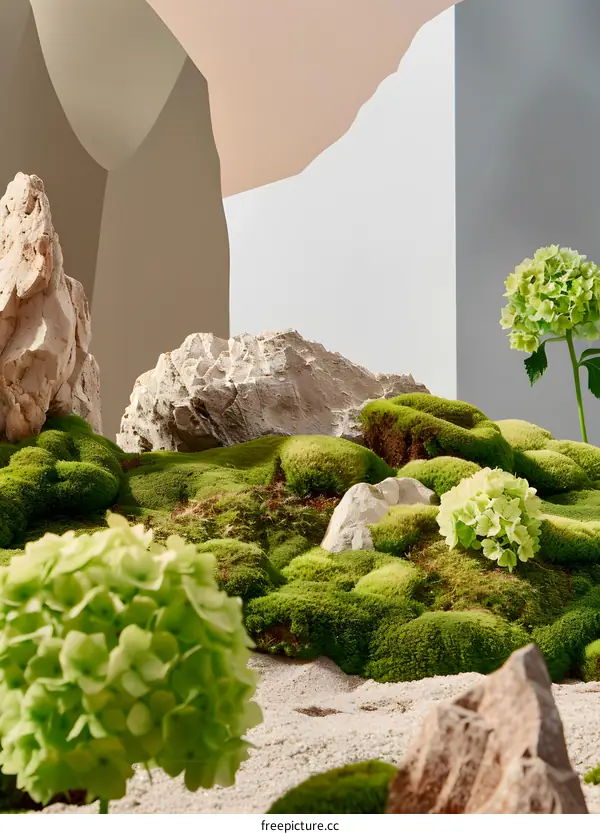 Green Mossy Landscape with Rocks and Hydrangea Flowers