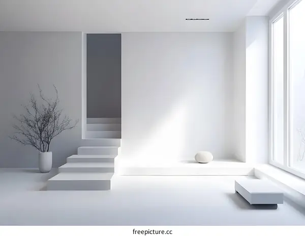 Minimalist Interior Design With White Walls and Stairs