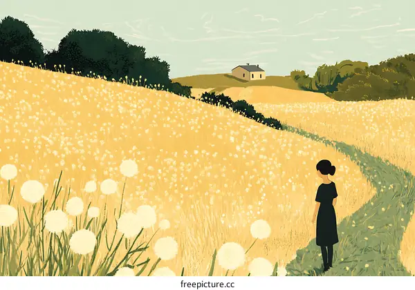 Woman walking in a field of dandelions