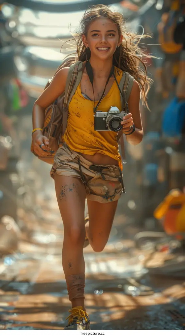 A young woman with a camera running through a city street