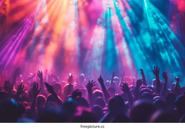 Crowd of People at a Concert with Colorful Stage Lights