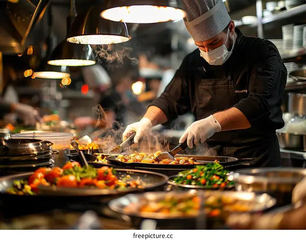 Chef wearing gloves and mask cooking in a commercial kitchen