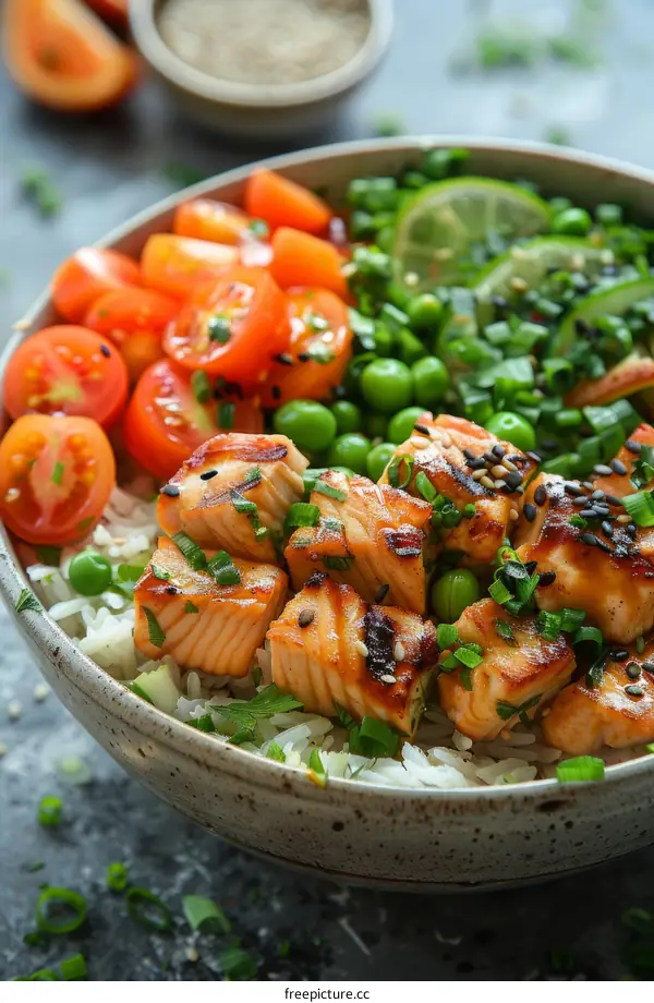 Salmon Donburi with Garlic Green Beans and Sesame Ginger Dressing
