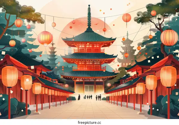 Hand-drawn Illustration of Japanese Traditional Buildings with People Walking By