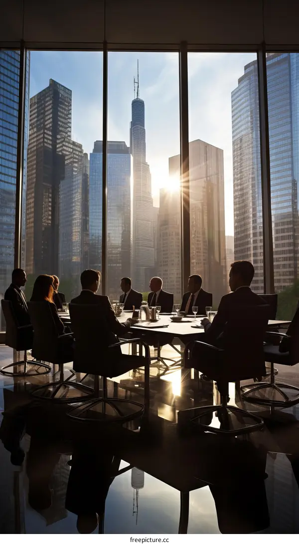 Business professionals having a meeting in a modern office with a view of the city skyline