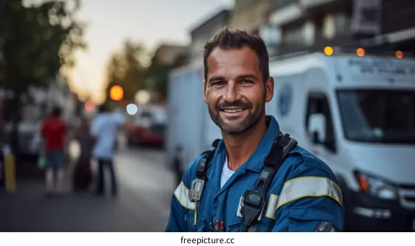 portrait of a smiling male paramedic in uniform standing in front of an ambulance