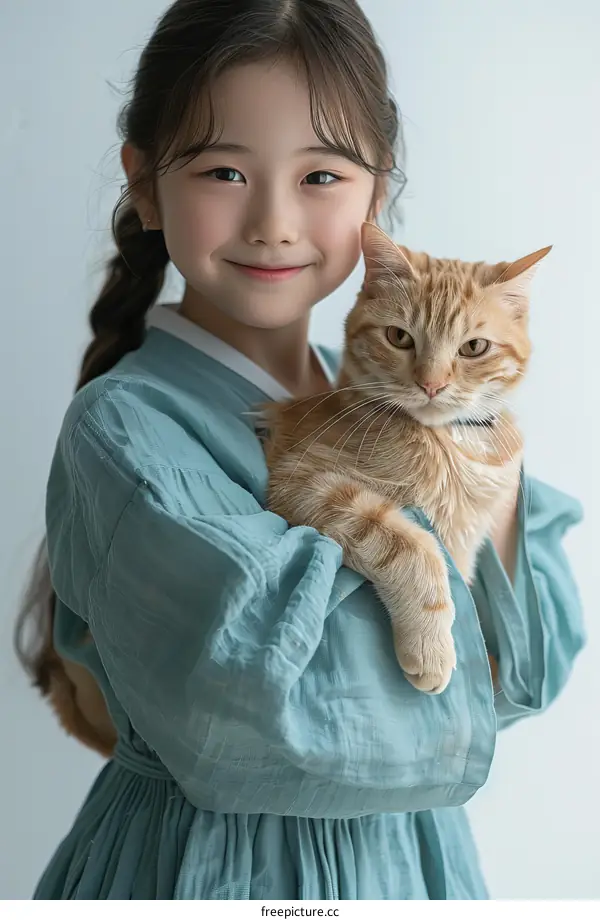 Little Asian girl hugging an orange cat