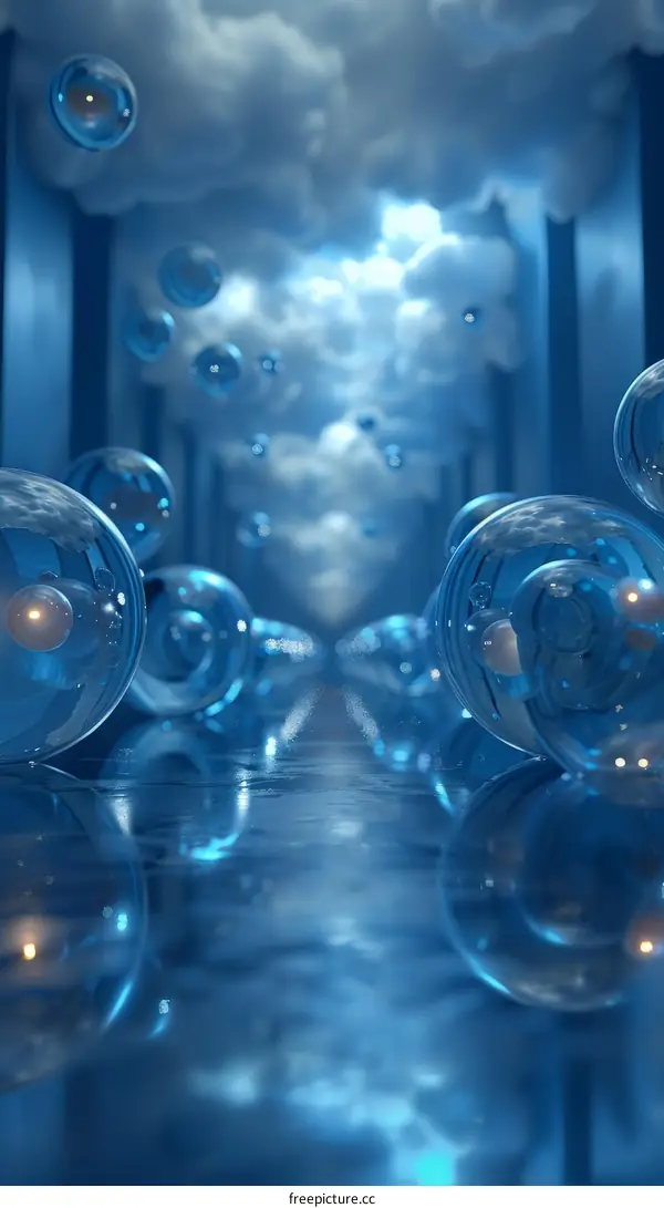 Blue Glass Balls Floating in a Blue Cloudy Hallway