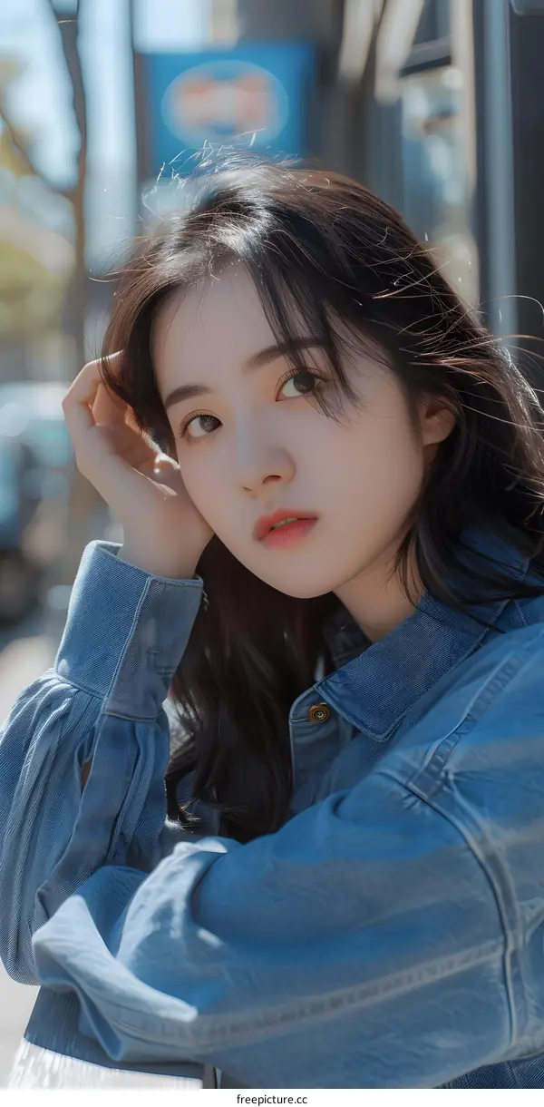 Portrait of a Young Asian Woman in a Denim Jacket