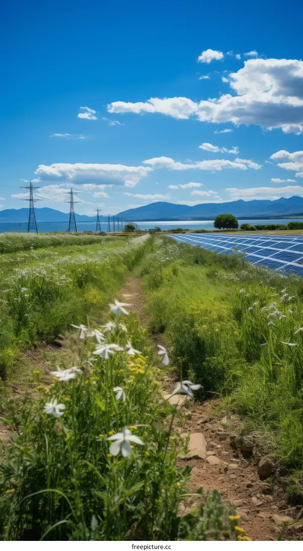 Field of solar panels with white flowers in the foreground