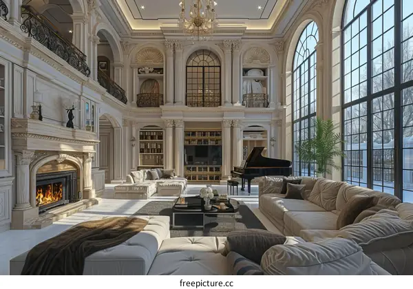 Luxurious living room interior design with marble columns, crystal chandelier, grand piano, and fireplace