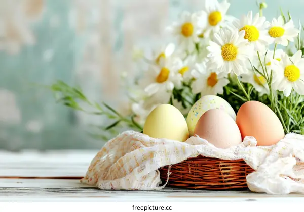 Easter Eggs in a Basket with Flowers