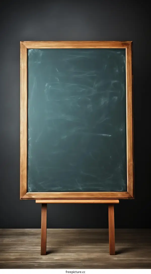 Blank blackboard on wooden easel against dark wall background
