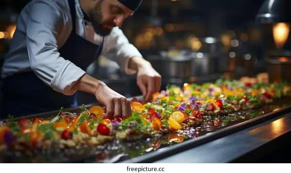 Chef carefully preparing a dish in a commercial kitchen