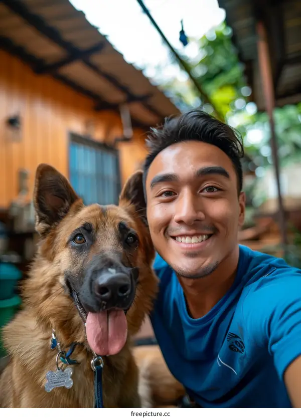 A man and his German Shepherd dog are smiling at the camera.