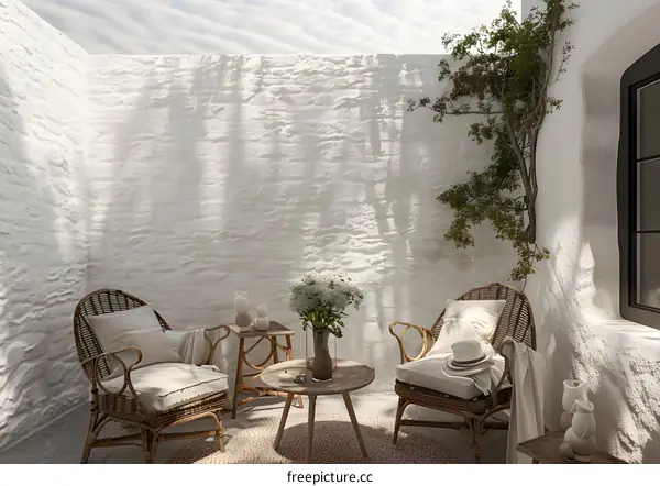 White Wall Patio with Rattan Chairs and Flowers