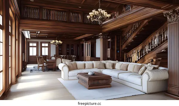 Luxury Living Room Interior Design With Wooden Staircase And Chandelier