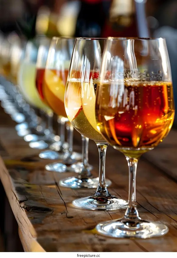 Row of Wine Glasses on Rustic Wooden Table