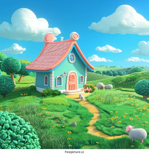 Cartoon house in the green rolling hills