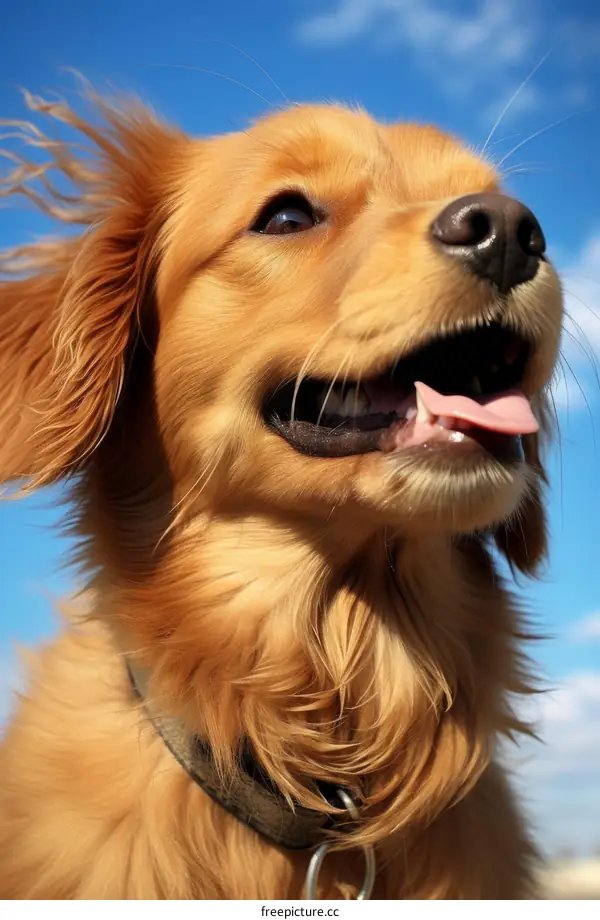 A Golden Retriever looking up at the sky with its mouth open and its fur blowing in the wind