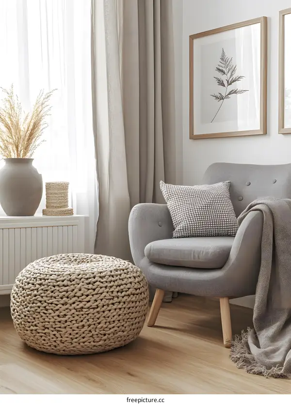 Cozy Living Room Interior with Knitted Ottoman and Gray Armchair
