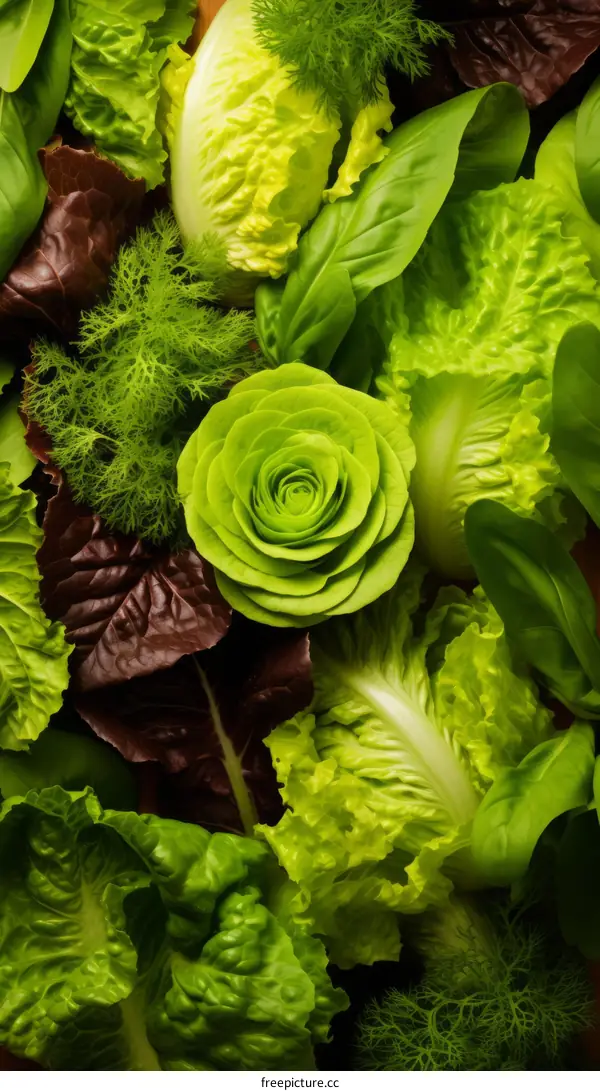 Various types of lettuce leaves and a green rose made of lettuce