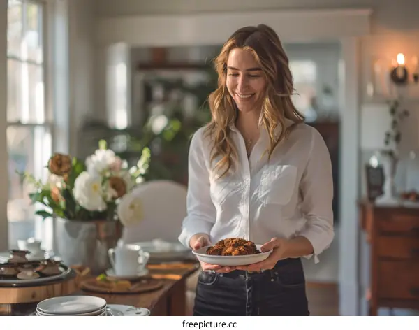 Young woman holding a plate of food in a dining room