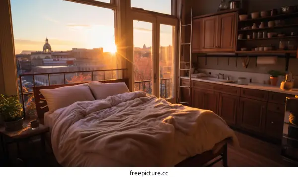 Cozy bedroom with a view of the city