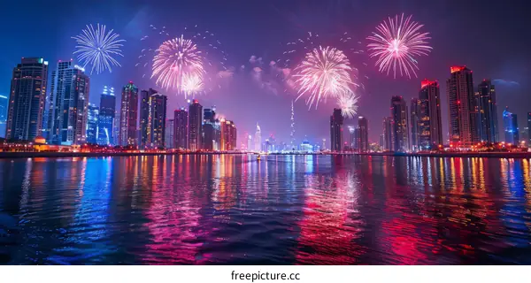 Fireworks Over Dubai Skyline At Night