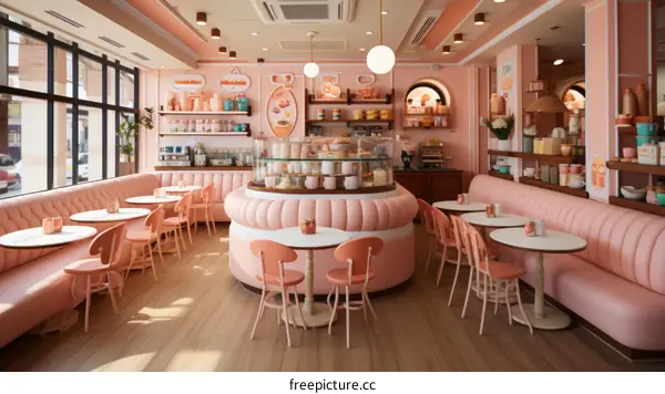 An illustration of a pink and white retro diner