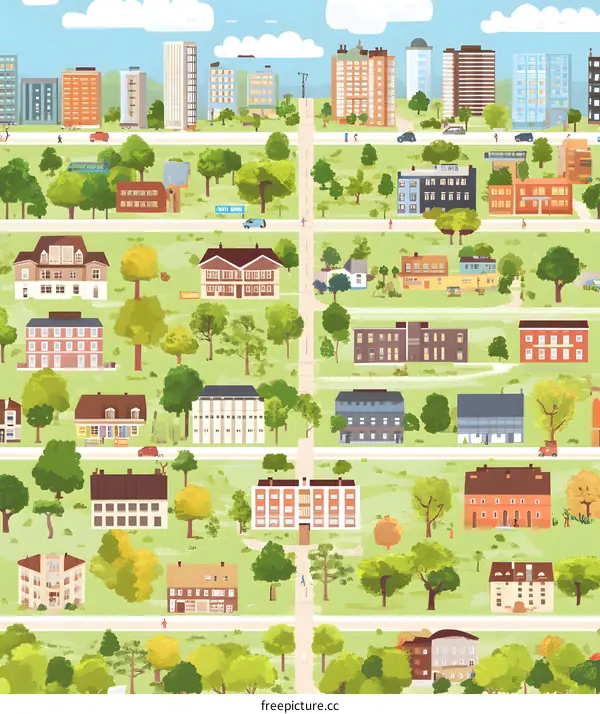 Cityscape Illustration with Houses, Streets and Trees