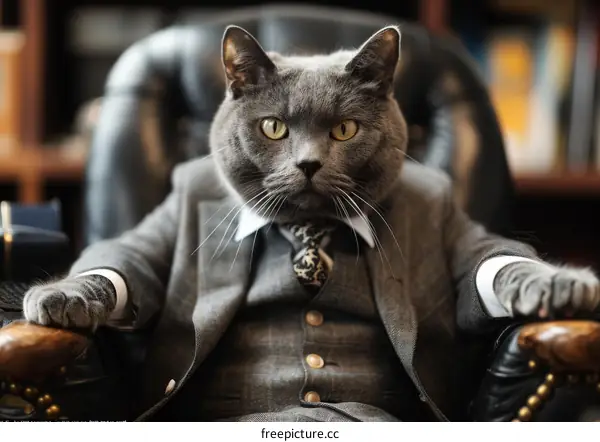 A gray cat wearing a suit and tie is sitting in a leather chair and looking at the camera