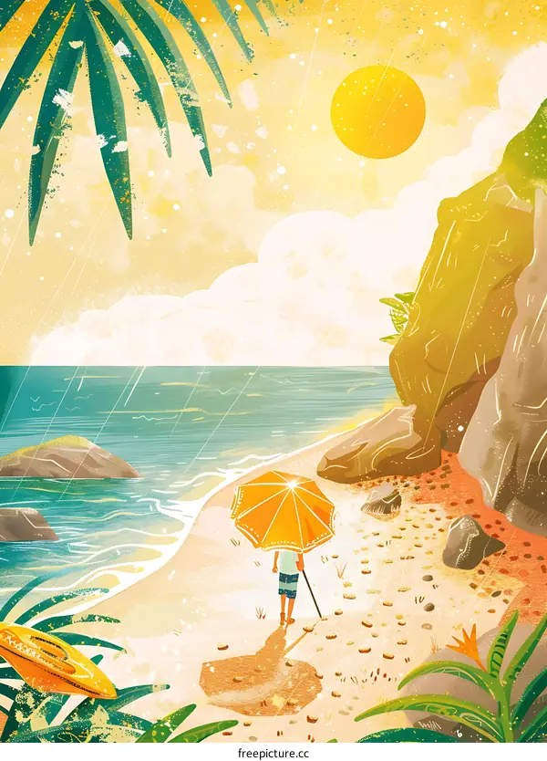 Summer Beach Illustration with Person Holding Umbrella