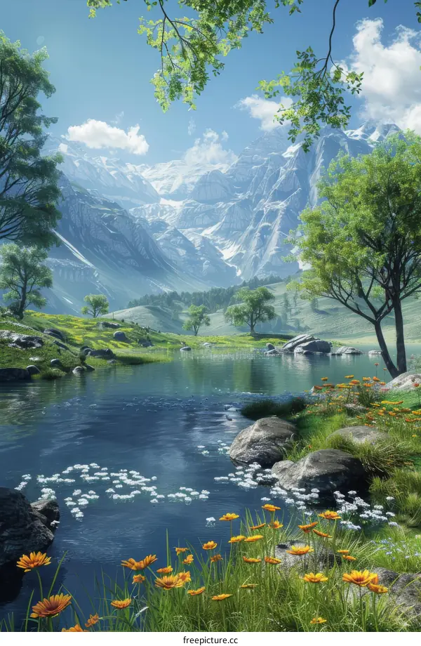 Mesmerizing Mountains, Flowing River, and Blooming Flowers