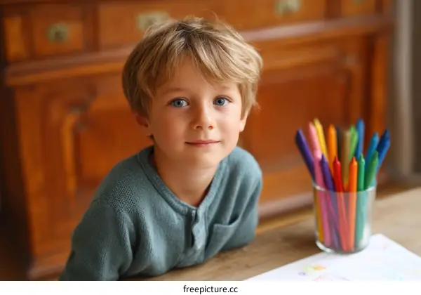 A Child Focused on Creativity with Crayons