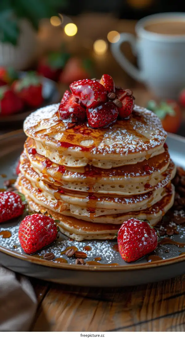 A stack of pancakes with strawberries and syrup