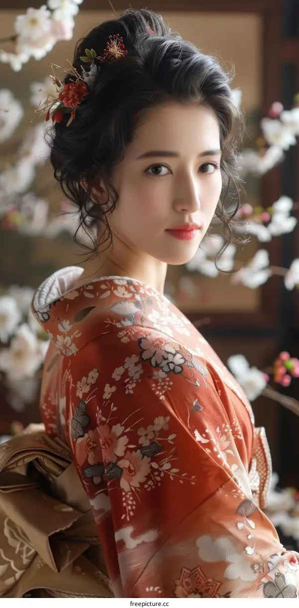 Portrait of a beautiful Japanese woman in traditional kimono