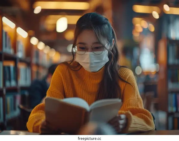 Asian woman wearing a mask reading a book in a library