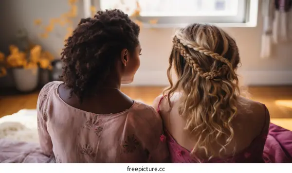 Two women with different hair textures sit on the floor