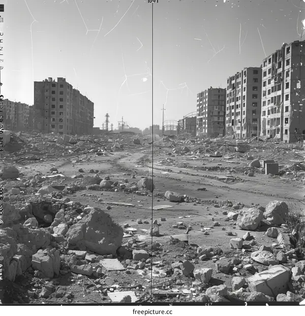 Post-apocalyptic city ruins with destroyed buildings and debris
