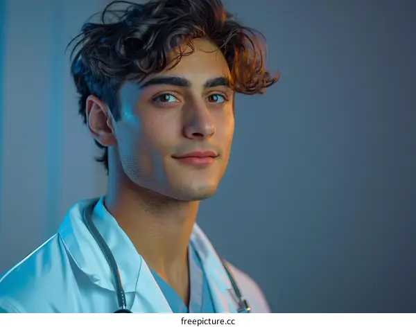 Portrait of a confident young male doctor wearing a white coat and stethoscope