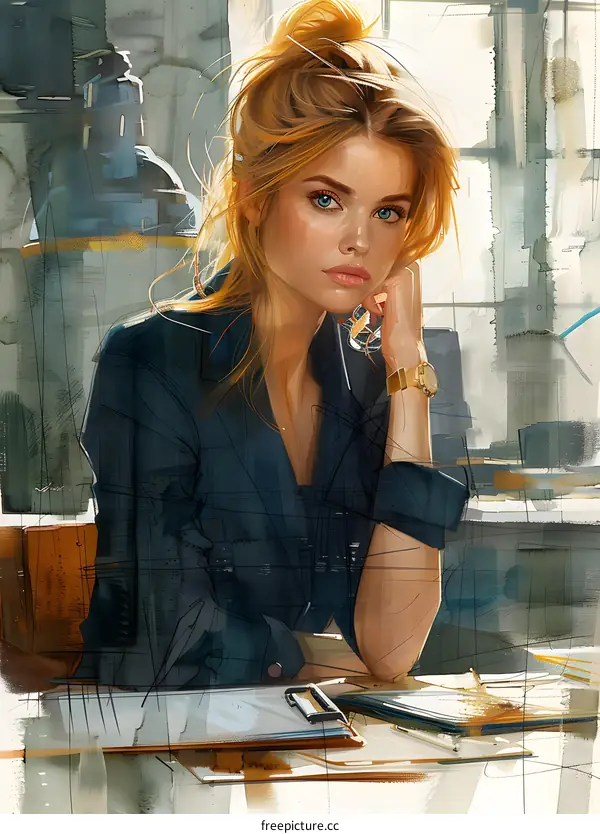 Portrait of a Woman with Blonde Hair in a Watercolor Style