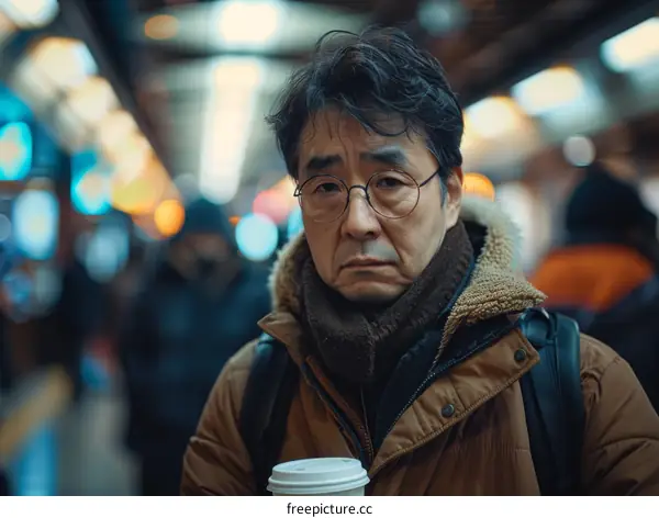 A portrait of a middle-aged man wearing glasses and a brown jacket
