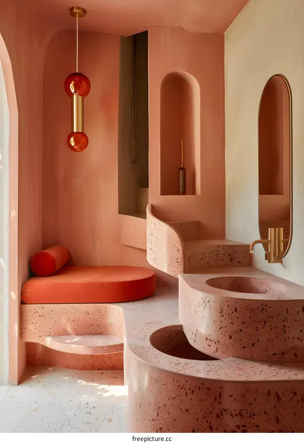 Pink Terrazzo Bathroom Interior Design with Unique Curved Sink and Seating