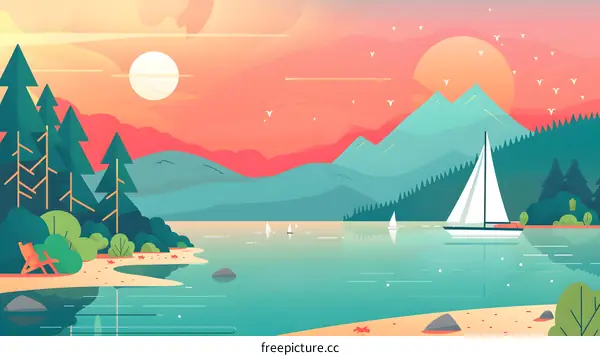 Sunset Sailboat Lake Mountains Landscape Illustration