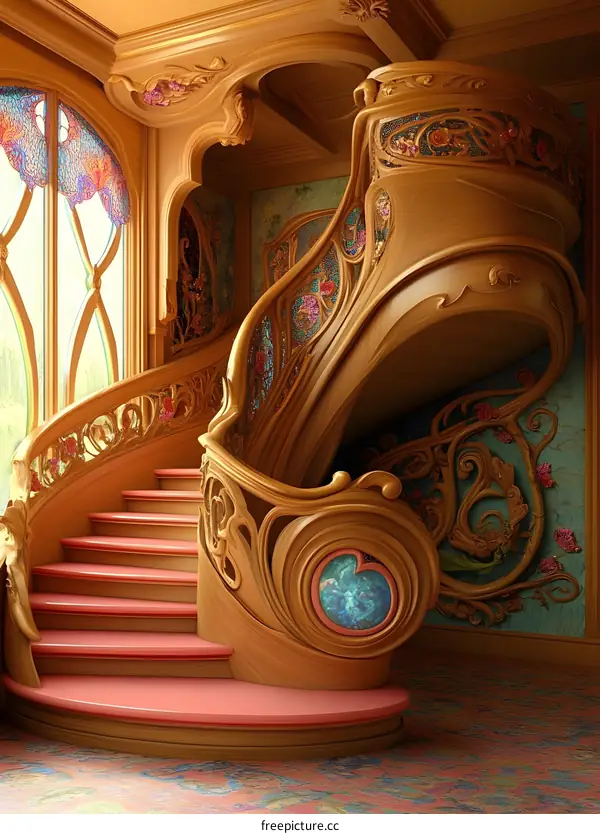 Ornate Wooden Staircase with Art Nouveau Design