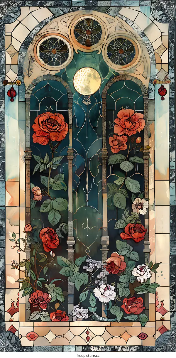 Stained Glass Window With Floral Design And Moon